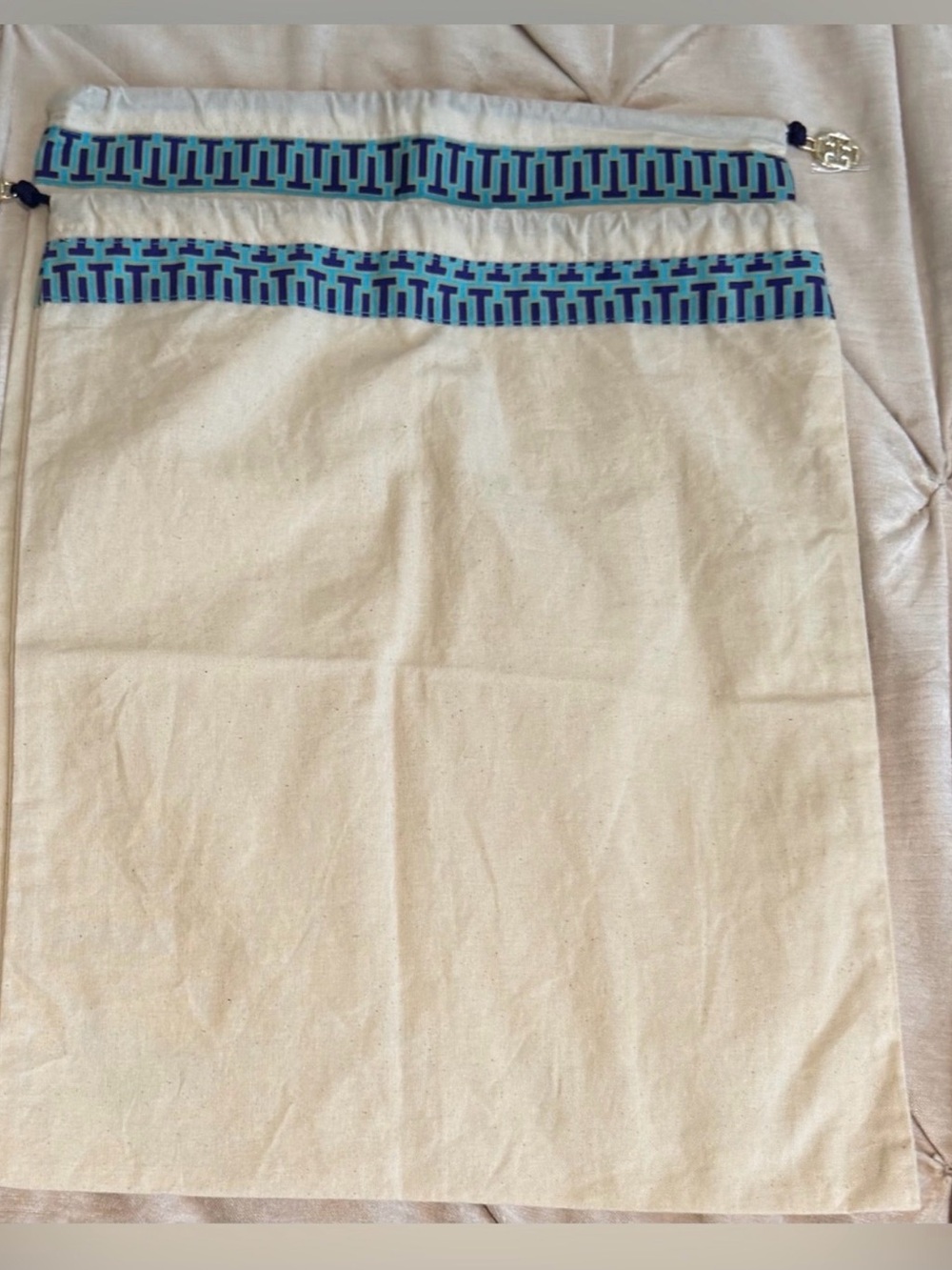 2 Tory Burch Canvas Drawstring Dust Bag with Blue Geometric Trim